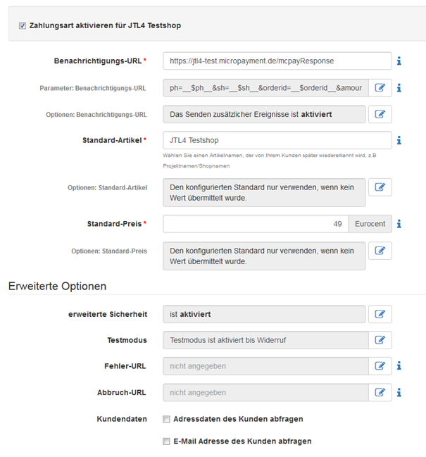 Payment method configuration in the Micropayment ControlCenter