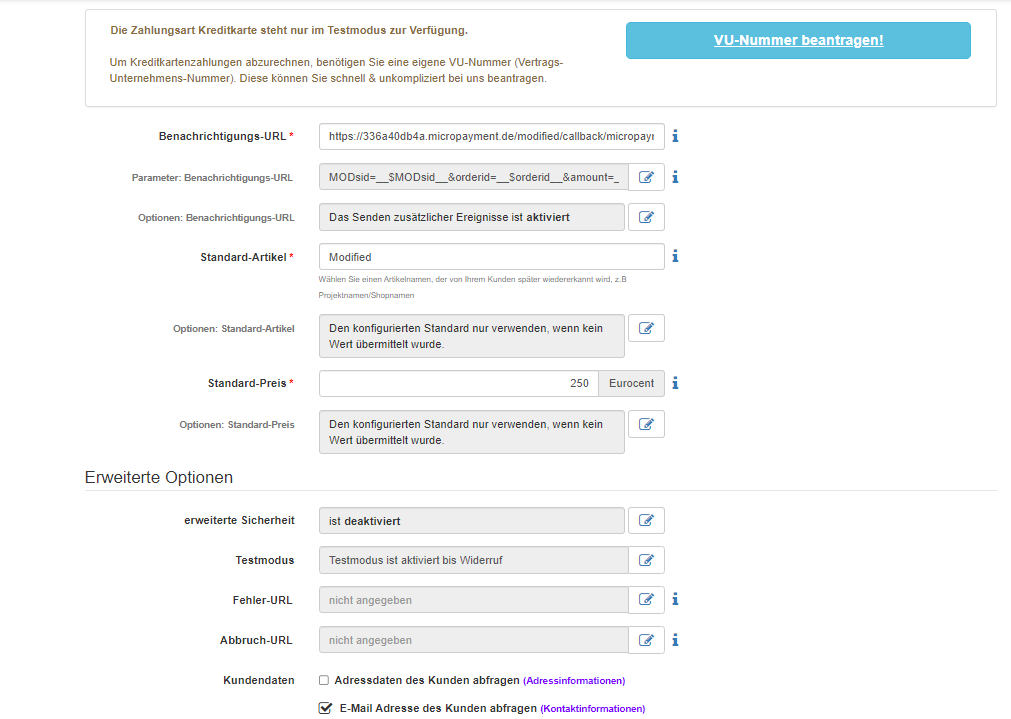 Payment method configuration in the Micropayment ControlCenter