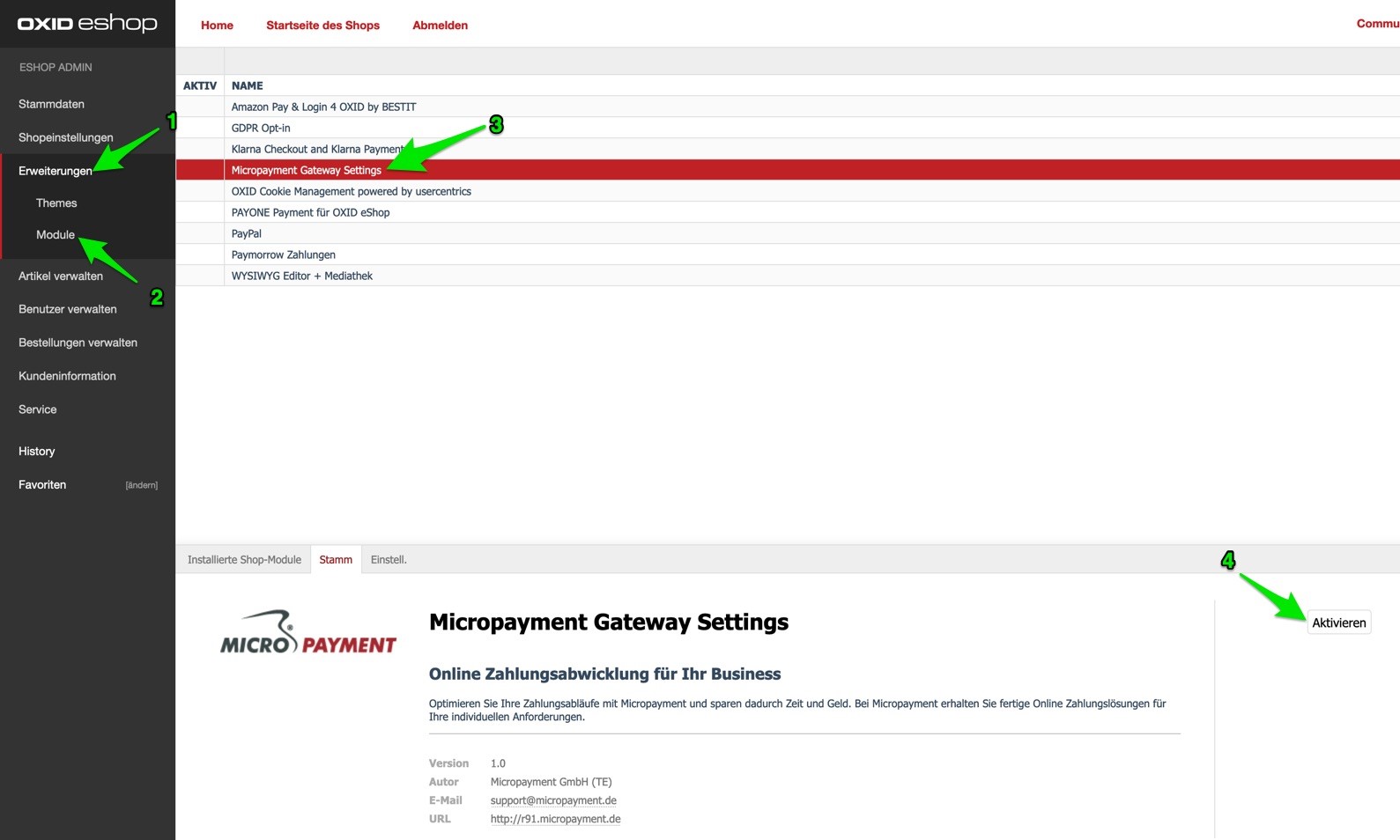 Configure the payment modules in the OXID shop backend