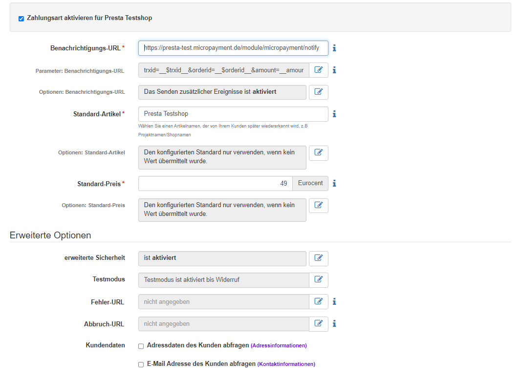 Payment method configuration in the Micropayment ControlCenter