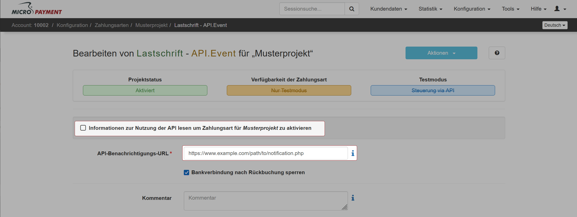 Zahlartenkonfiguration im Micropayment Controlcenter