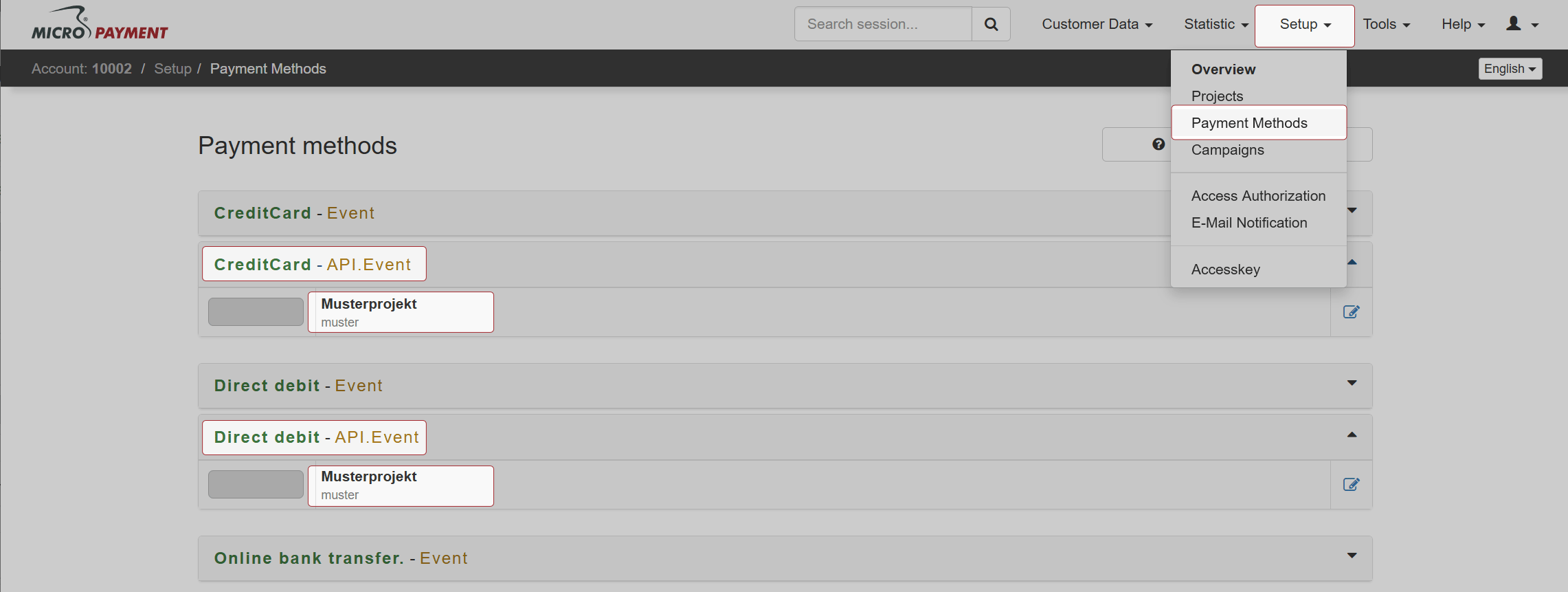 Payment method configuration in the Micropayment ControlCenter