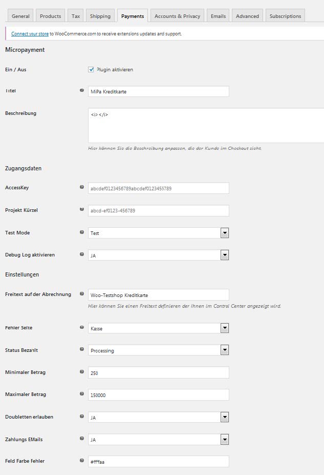 Micropayment WooCommerce Plugin Konfiguration Einstellungen